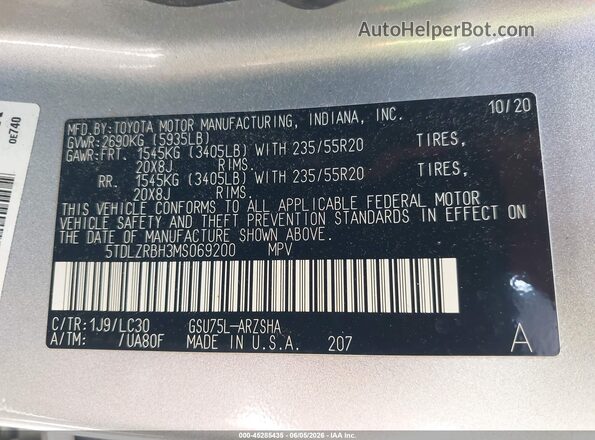 5TDLZRBH3MS069200 2021 TOYOTA HIGHLANDER Silver Engine compartment view