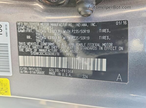 5TDXK3DC3GS698318 2016 TOYOTA SIENNA Угольный 