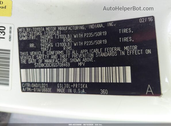 5TDXK3DCXGS708469 2016 TOYOTA SIENNA White Engine compartment view