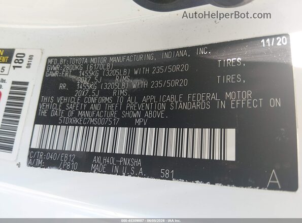 5TDXRKEC7MS007517 2021 TOYOTA SIENNA White Widok komory silnika