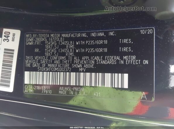 5TDXSKFC0MS002372 2021 TOYOTA SIENNA Black Շարժիչի բաժամունքի տեսք