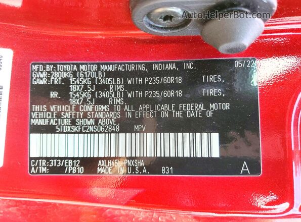 5TDXSKFC2NS062848 2022 TOYOTA SIENNA Red 