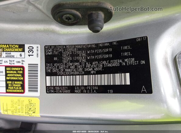 5TDXZ3DC0HS884234 2017 TOYOTA SIENNA Silver Vista del compartimento del motor