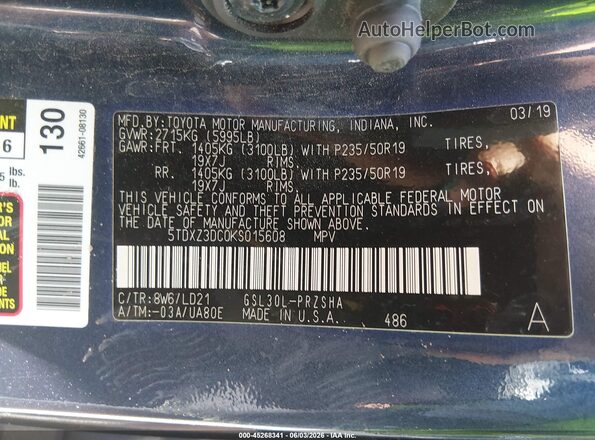 5TDXZ3DC0KS015608 2019 TOYOTA SIENNA Dark Blue 