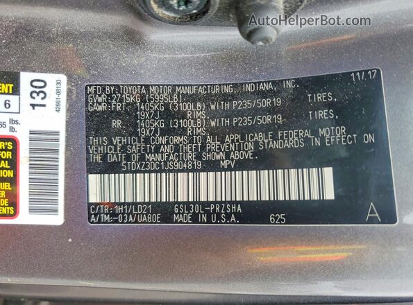 5TDXZ3DC1JS904819 2018 TOYOTA SIENNA Charcoal VIN կոդի պիտակի տեսք
