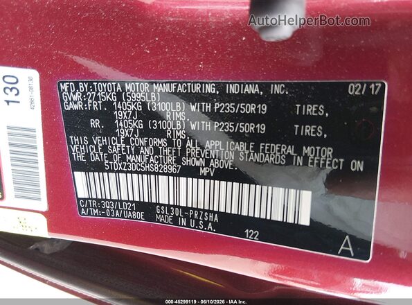 5TDXZ3DC5HS828967 2017 TOYOTA SIENNA Бордовый Вид подкапотного пространства