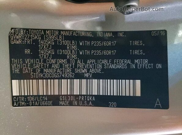 5TDYK3DC0GS749262 2016 TOYOTA SIENNA Gray VIN sticker view
