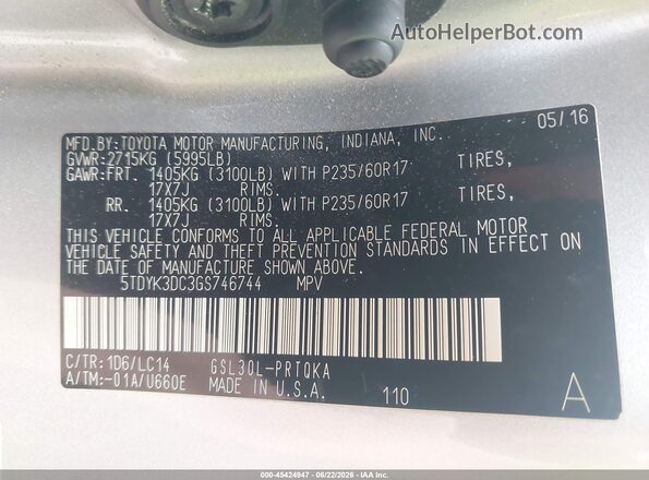 5TDYK3DC3GS746744 2016 TOYOTA SIENNA Blue Շարժիչի բաժամունքի տեսք