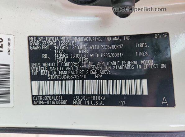 5TDYK3DC4GS702140 2016 TOYOTA SIENNA White Vista de la etiqueta del VIN