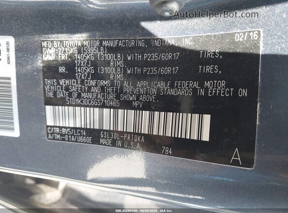 5TDYK3DC6GS710465 2016 TOYOTA SIENNA Серый Вид подкапотного пространства