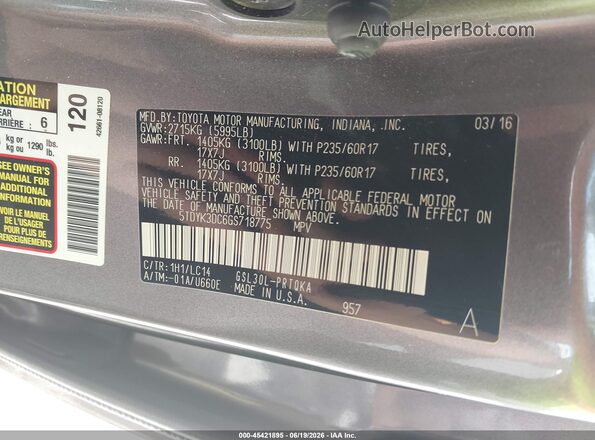 5TDYK3DC6GS718775 2016 TOYOTA SIENNA Gray Engine compartment view