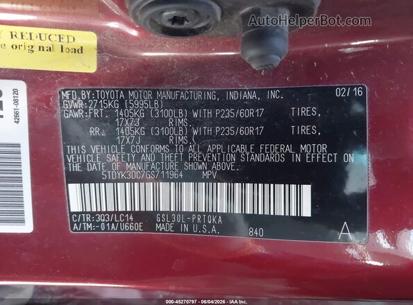 5TDYK3DC7GS711964 2016 TOYOTA SIENNA Burgundy 