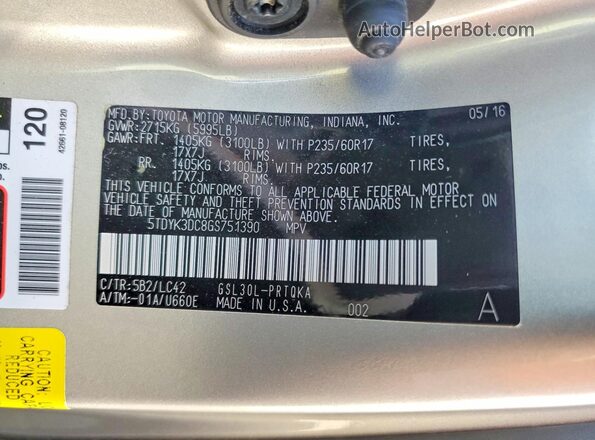 5TDYK3DC8GS751390 2016 TOYOTA SIENNA Tan 