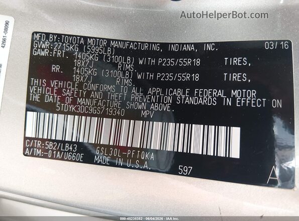 5TDYK3DC9GS719340 2016 TOYOTA SIENNA Gold 