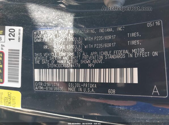 5TDYK3DCXGS744778 2016 TOYOTA SIENNA Black Вид підкапотного простору