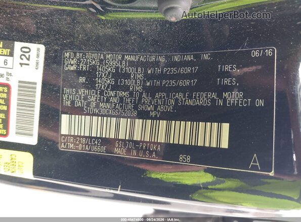 5TDYK3DCXGS752038 2016 TOYOTA SIENNA Black Vista del compartimento del motor