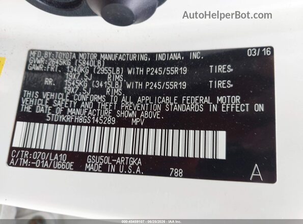 5TDYKRFH8GS145289 2016 TOYOTA HIGHLANDER White Engine compartment view