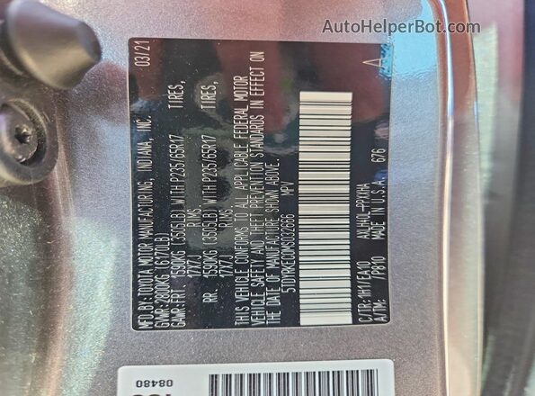 5TDYRKEC0MS032666 2021 TOYOTA SIENNA Gray Вид наклейки з VIN-кодом