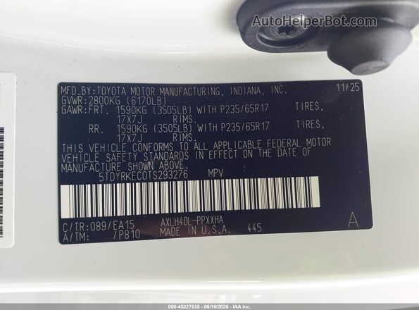 5TDYRKEC0TS293276 2026 TOYOTA SIENNA White Вид підкапотного простору