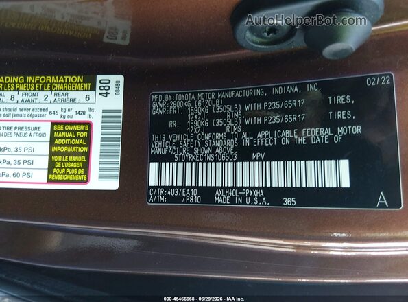 5TDYRKEC1NS106503 2022 TOYOTA SIENNA Brown Вид підкапотного простору