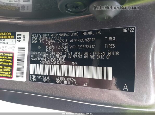 5TDYRKEC3NS123027 2022 TOYOTA SIENNA Gray Engine compartment view