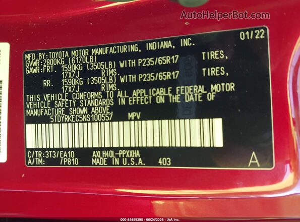 5TDYRKEC5NS100557 2022 TOYOTA SIENNA Red Widok komory silnika