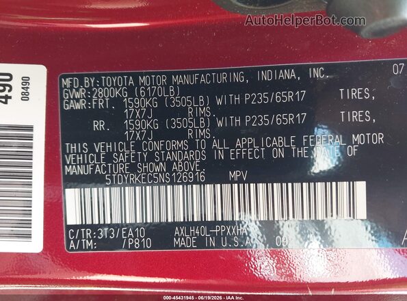 5TDYRKEC5NS126916 2022 TOYOTA SIENNA Red Շարժիչի բաժամունքի տեսք
