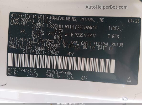 5TDYRKEC6TS318407 2026 TOYOTA SIENNA White Շարժիչի բաժամունքի տեսք