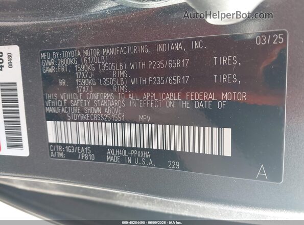 5TDYRKEC8SS251551 2025 TOYOTA SIENNA Серый Вид подкапотного пространства