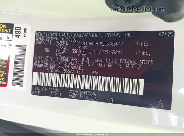 5TDYRKEC8SS274439 2025 TOYOTA SIENNA White Вид підкапотного простору