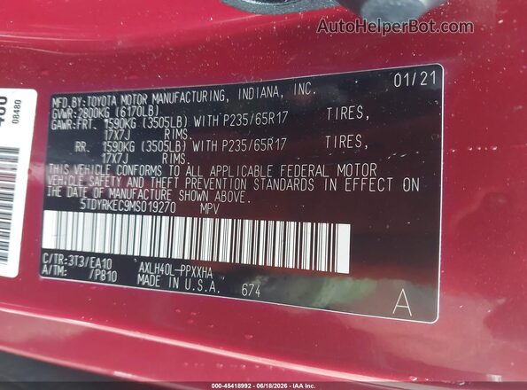 5TDYRKEC9MS019270 2021 TOYOTA SIENNA Red ძრავის განყოფილების ხედი