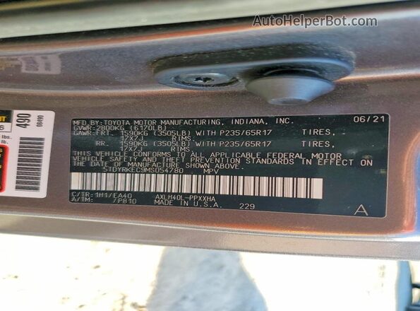 5TDYRKEC9MS054780 2021 TOYOTA SIENNA Gray Панорамний вид салону 360°