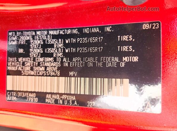 5TDYRKECXPS178478 2023 TOYOTA SIENNA Red VIN sticker view