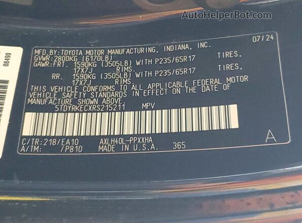 5TDYRKECXRS215211 2024 TOYOTA SIENNA Black Vista interior de 360 grados