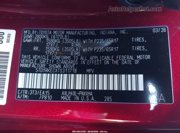 5TDYRKECXTS311718 2026 TOYOTA SIENNA Red Engine compartment view
