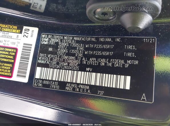 5TDYSKFC2NS045925 2022 TOYOTA SIENNA Blue Vista del compartimento del motor
