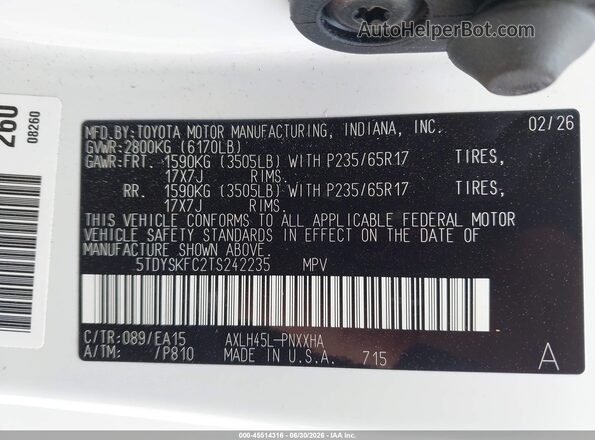 5TDYSKFC2TS242235 2026 TOYOTA SIENNA Белый Вид подкапотного пространства