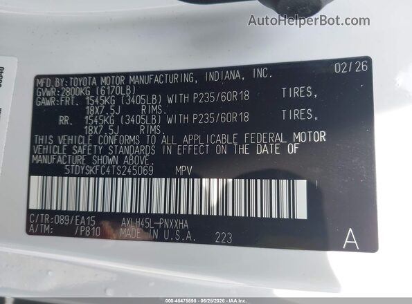 5TDYSKFC4TS245069 2026 TOYOTA SIENNA White Շարժիչի բաժամունքի տեսք