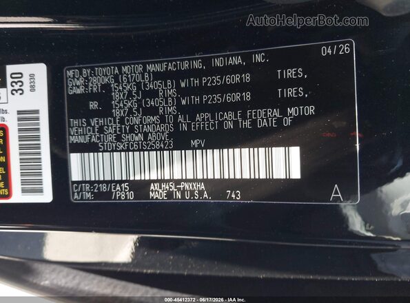 5TDYSKFC6TS258423 2026 TOYOTA SIENNA Black ძრავის განყოფილების ხედი