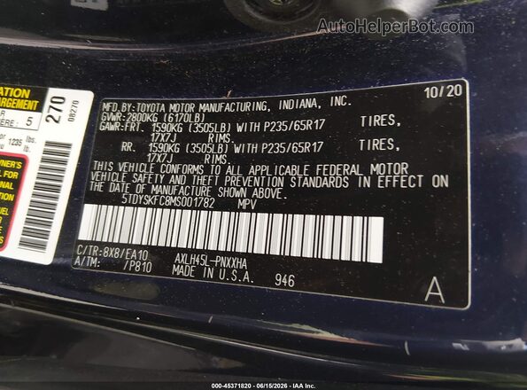 5TDYSKFC8MS001782 2021 TOYOTA SIENNA Dark Blue Engine compartment view