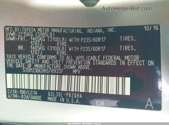 5TDYZ3DC0HS789337 2017 TOYOTA SIENNA Silver Engine compartment view