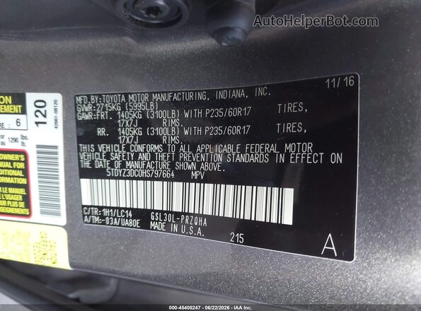 5TDYZ3DC0HS797664 2017 TOYOTA SIENNA Gray Widok komory silnika