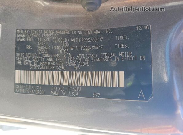5TDYZ3DC0HS815290 2017 TOYOTA SIENNA Silver VIN sticker view