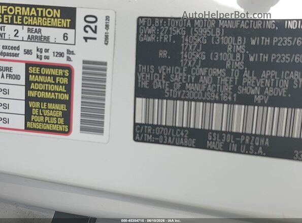 5TDYZ3DC0JS941641 2018 TOYOTA SIENNA White Widok komory silnika
