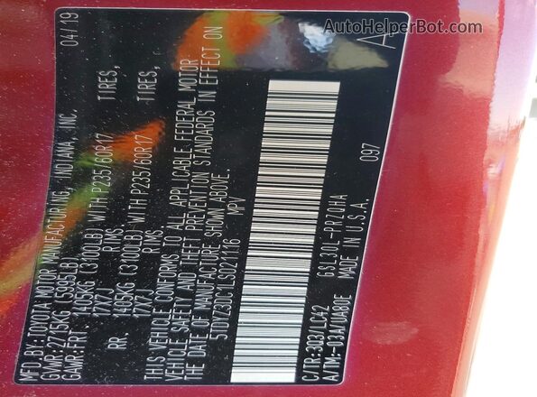 5TDYZ3DC1LS021116 2020 TOYOTA SIENNA Red Widok naklejki z numerem VIN