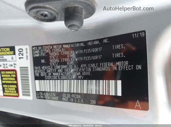 5TDYZ3DC1LS060353 2020 TOYOTA SIENNA Silver Vista del compartimento del motor