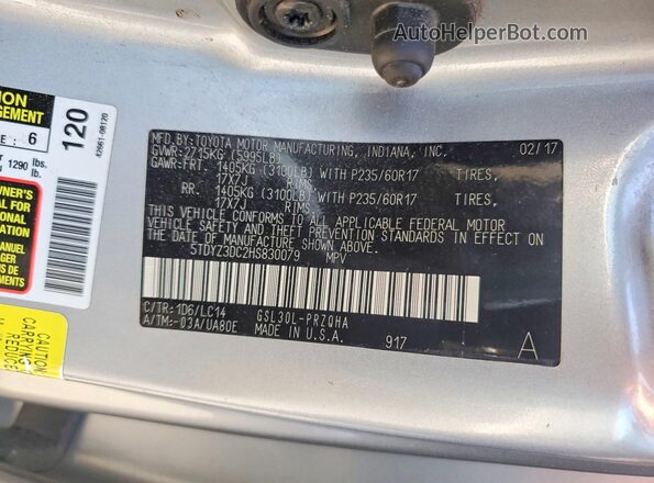 5TDYZ3DC2HS830079 2017 TOYOTA SIENNA Серебряный Вид наклейки с VIN-кодом