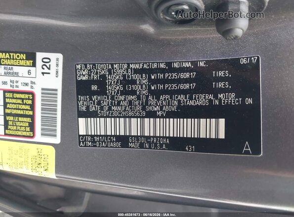 5TDYZ3DC2HS865639 2017 TOYOTA SIENNA Gray ძრავის განყოფილების ხედი