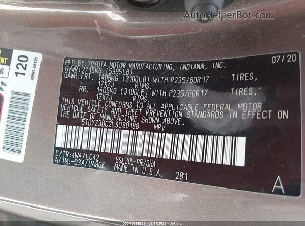 5TDYZ3DC2LS080188 2020 TOYOTA SIENNA Brown Widok komory silnika