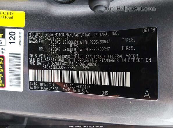 5TDYZ3DC3JS953735 2018 TOYOTA SIENNA Gray Շարժիչի բաժամունքի տեսք